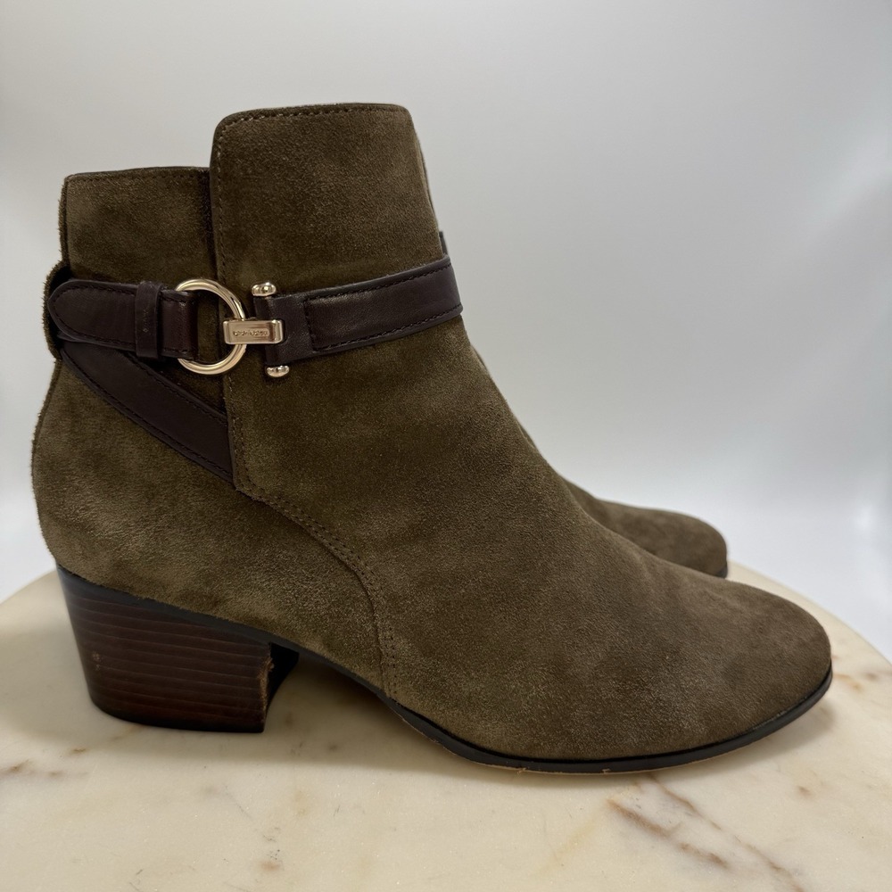 Coach Patricia Olive Green Suede Booties, Size 8.5B Brown Leather Straps Logo